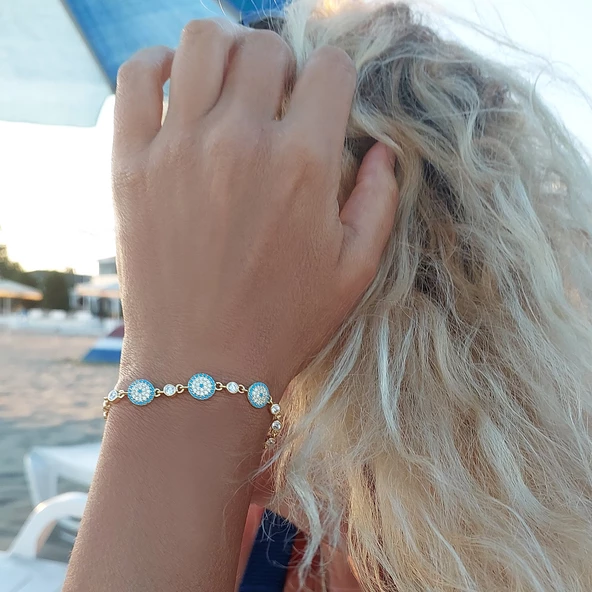 Vaoov 925 Ayar Gümüş Gold Su Yolu Nazar Bileklik - Resim 3