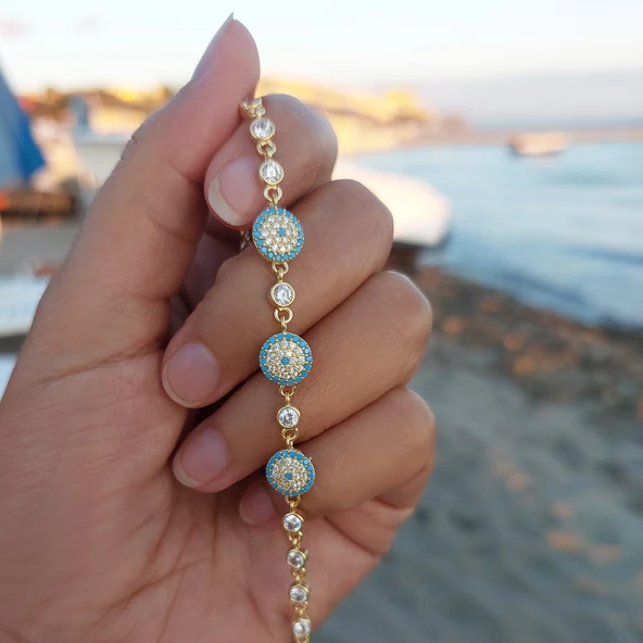 Vaoov 925 Ayar Gümüş Gold Su Yolu Nazar Bileklik - Resim 4