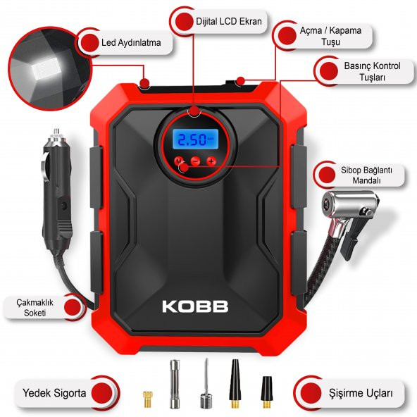 KOBB KB200 12Volt 150 PSI Ayarlanabilir Dijital Basınç Göstergeli Hava Lastik Şişirme Pompası - 12
