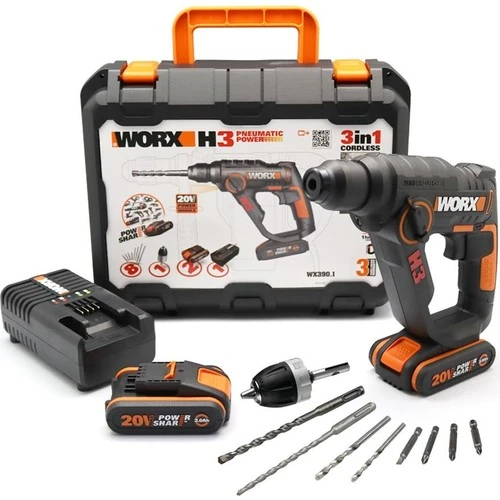 WORX WX390.1 20Volt 2.0Ah. Li-ion 1.2J Profesyonel SDS-Plus Pnömatik Çift Akülü Şarjlı Matkap + 8 Adet Uç + Mandren