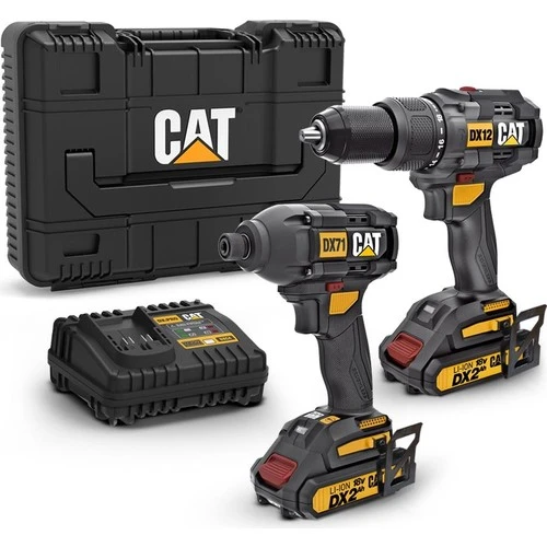 CAT DX12K 18Volt/2.0Ah Li-ion Çift Akülü Kömürsüz Profesyonel Darbeli Matkap+DX71 Kömürsüz Darbeli Tornavida Kombo Set