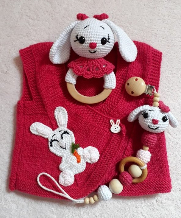 Yeni Doğan Sevimli Tavşan Seti Amigurumi Organik Oyuncak