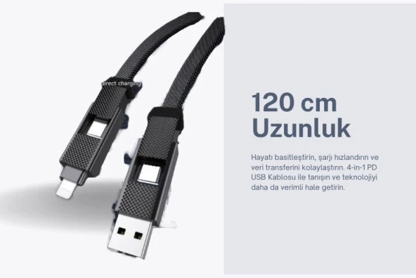 Cosmostech 4 In 1 Pd USB Şarj Data Kablosu 60W 3A Hızlı Şarj ve 480MB/S iPhone USB Type C ve Xiaomi Samsung Huawei Uyumlu - 6