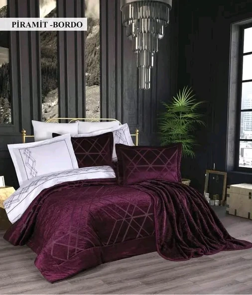 Ecosse 10 Parça Çeyiz Seti (Battaniye+Nevresim Takımı+Yatak Örtüsü)-Piramit Bordo
