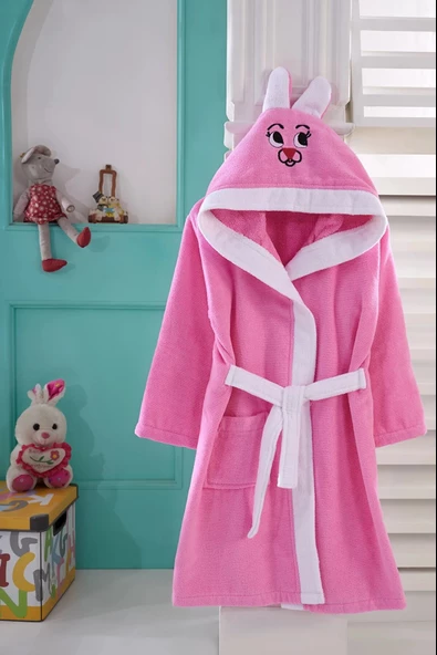 KIDS & BEYBİ çocuk pamuk kapşonlu bornozu 8-9 yaş pembe