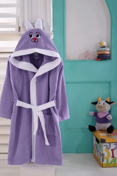 KIDS & BEYBİ çocuk pamuk kapşonlu bornozu 6-7 yaş lila - 2