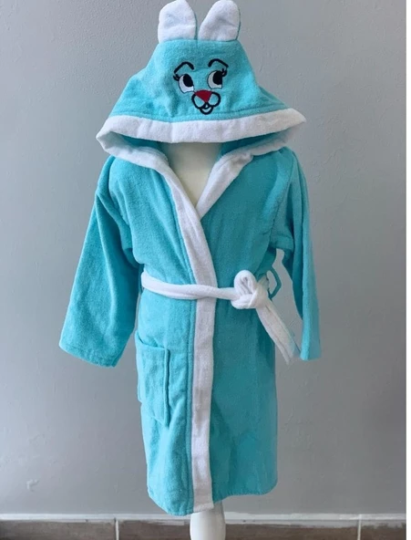 KIDS & BEYBİ çocuk pamuk kapşonlu bornozu 6-7 yaş turkuaz