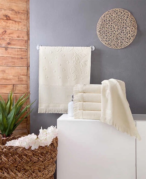 pololife Soft Etamın Bordorlu Kadıfe Jakarlı Sacaklı Havlu 6'li krem