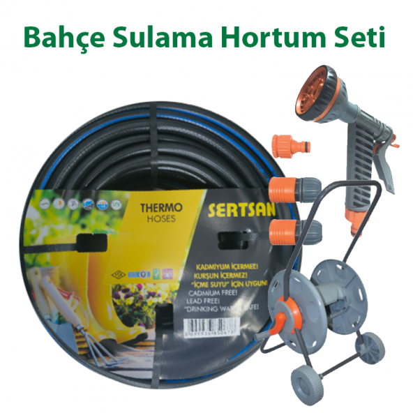 Bahçe Sulama Seti 6 Fonksiyonlu Tabanca, Ayar Seti, Hortum Makarası ve 25 Metre Termo Kauçuk Hortum
