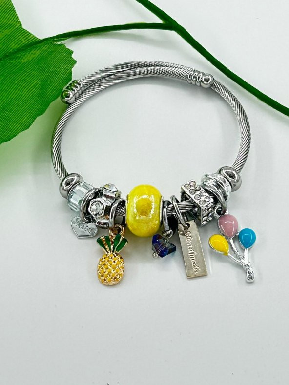Charm Sarı Taşlı Ananas Balon Çelik Bileklik - 2