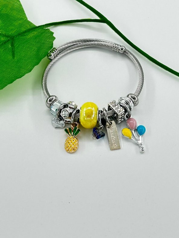 Charm Sarı Taşlı Ananas Balon Çelik Bileklik - 3