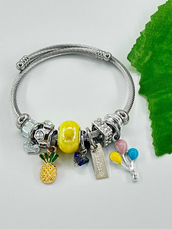 Charm Sarı Taşlı Ananas Balon Çelik Bileklik - 5