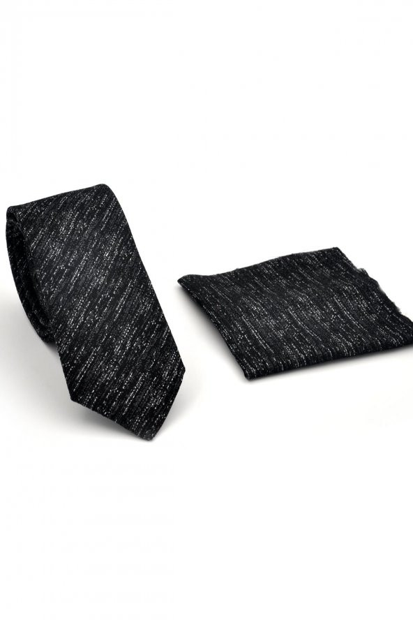 Füme Gri Kırcıl Desenli Siyah Dokuma Kumaş Mendilli Slim Fit Kravat // SDK230918 - 2