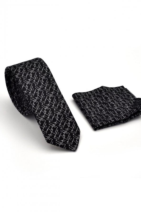Beyaz Karışık Desenli Siyah Dokuma Kumaş Mendilli Slim Fit Kravat // SDK230901 - Resim 2