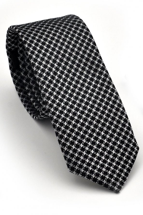 Beyaz Kaz Ayağı Desenli Siyah Dokuma Kumaş Mendilli Slim Fit Kravat // SDK230903 ürün görseli