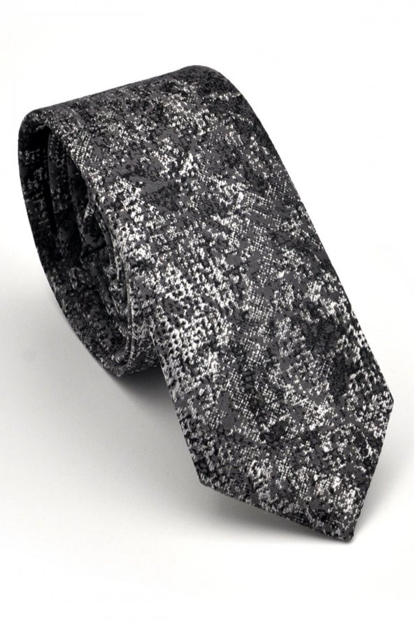 Gri Füme Siyah Karışık Desenli Dokuma Kumaş Mendilli Slim Fit Kravat // SDK230905 ürün görseli