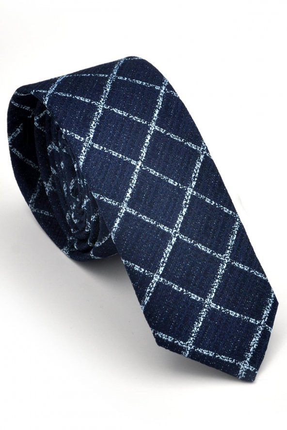 Mavi Kare ve Kırcıllı Desenli Lacivert Dokuma Kumaş Mendilli Slim Fit Kravat // SDK230912 ürün görseli