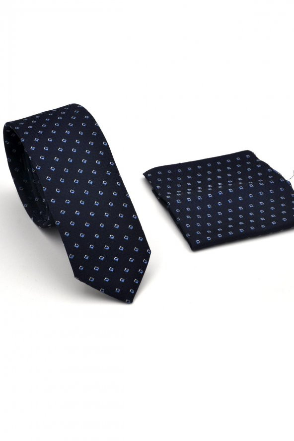 Mavi Desenli Lacivert Dokuma Kumaş Mendilli Slim Fit Kravat // SDK230902 - Resim 2