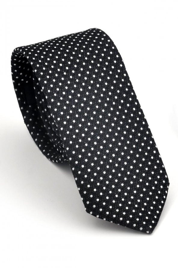 Beyaz Noktalı Puantiye Desenli Siyah Dokuma Kumaş Mendilli Slim Fit Kravat // SDK230913 ürün görseli