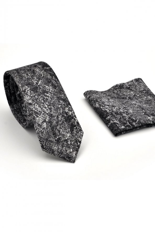 Gri Füme Siyah Karışık Desenli Dokuma Kumaş Mendilli Slim Fit Kravat // SDK230905 - Resim 2