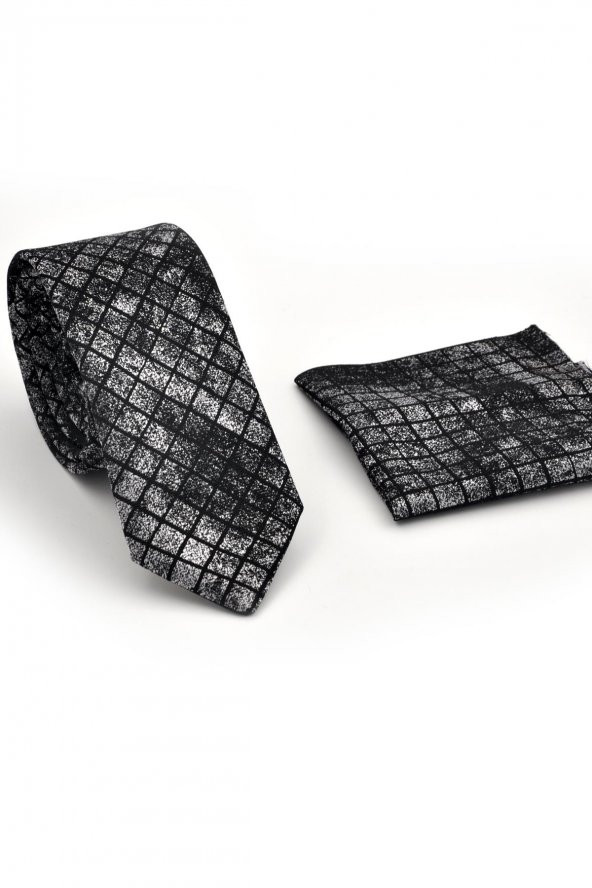 Gri Siyah Küp Desenli Dokuma Kumaş Mendilli Slim Fit Kravat // SDK230910 - 2