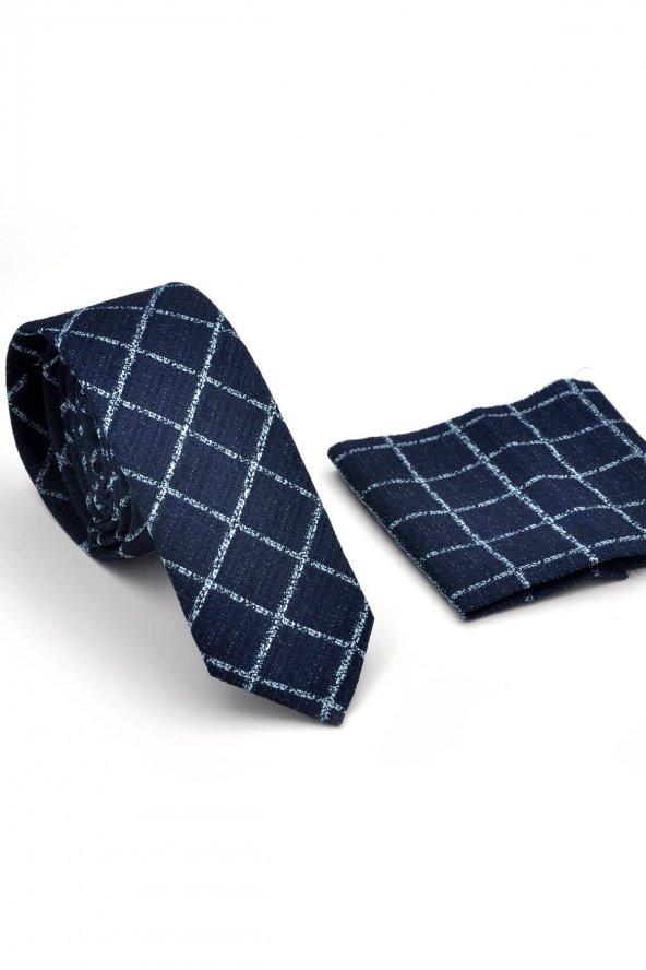 Mavi Kare ve Kırcıllı Desenli Lacivert Dokuma Kumaş Mendilli Slim Fit Kravat // SDK230912 - Resim 2