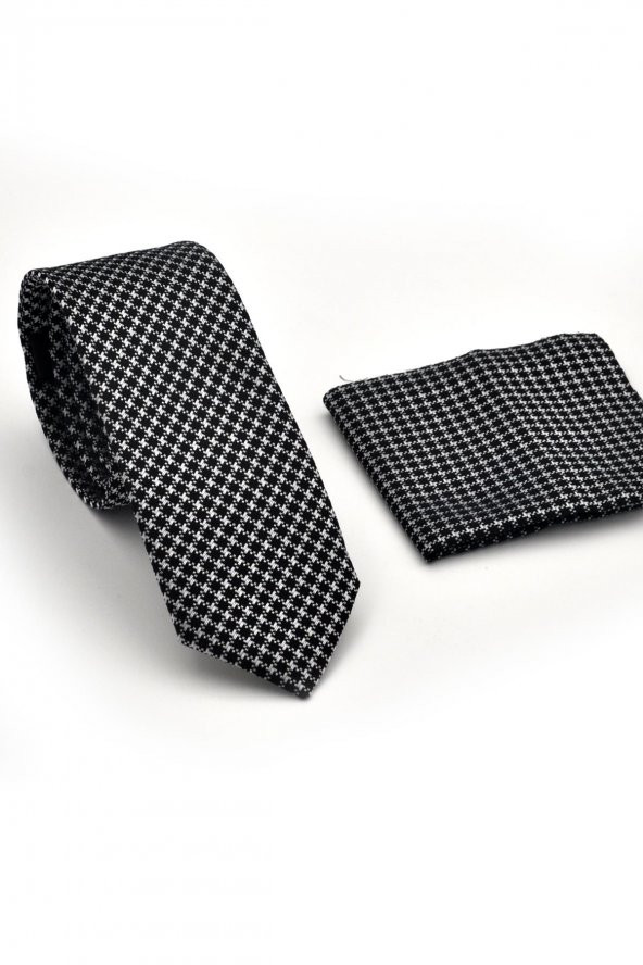 Beyaz Kaz Ayağı Desenli Siyah Dokuma Kumaş Mendilli Slim Fit Kravat // SDK230903 - Resim 2