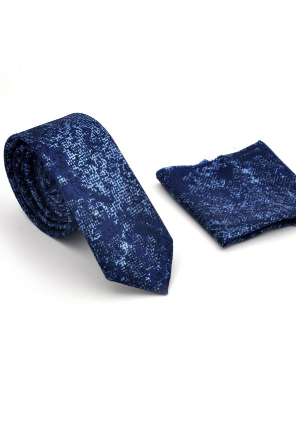 Mavi Lacivert Karışık Desenli Dokuma Kumaş Mendilli Slim Fit Kravat // SDK230907 - Resim 2