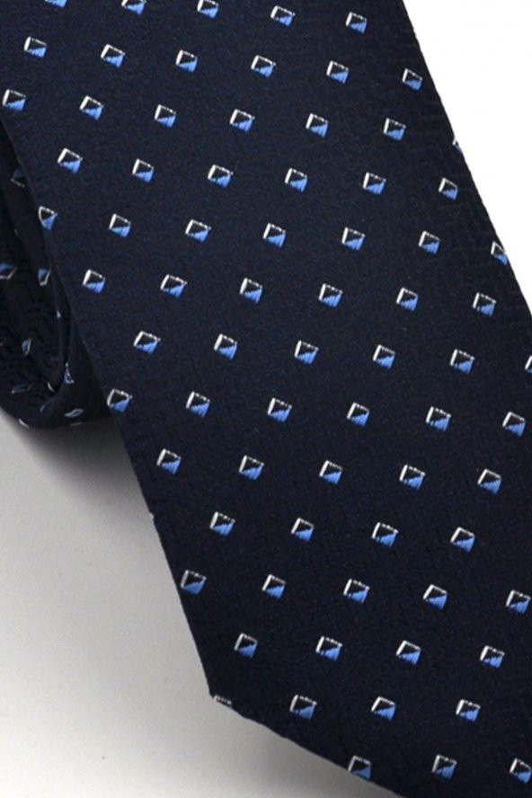 Mavi Desenli Lacivert Dokuma Kumaş Mendilli Slim Fit Kravat // SDK230902 - Resim 3