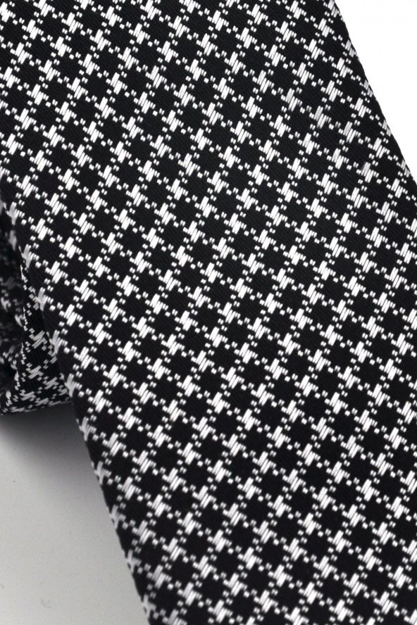 Beyaz Kaz Ayağı Desenli Siyah Dokuma Kumaş Mendilli Slim Fit Kravat // SDK230903 - Resim 3