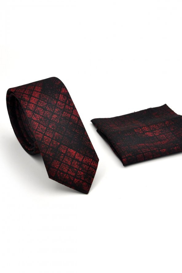 Bordo Siyah Küp Desenli Dokuma Kumaş Mendilli Slim Fit Kravat // SDK230908 - Resim 2