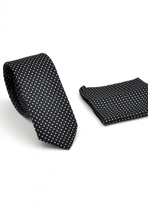 Beyaz Noktalı Puantiye Desenli Siyah Dokuma Kumaş Mendilli Slim Fit Kravat // SDK230913 - Resim 2