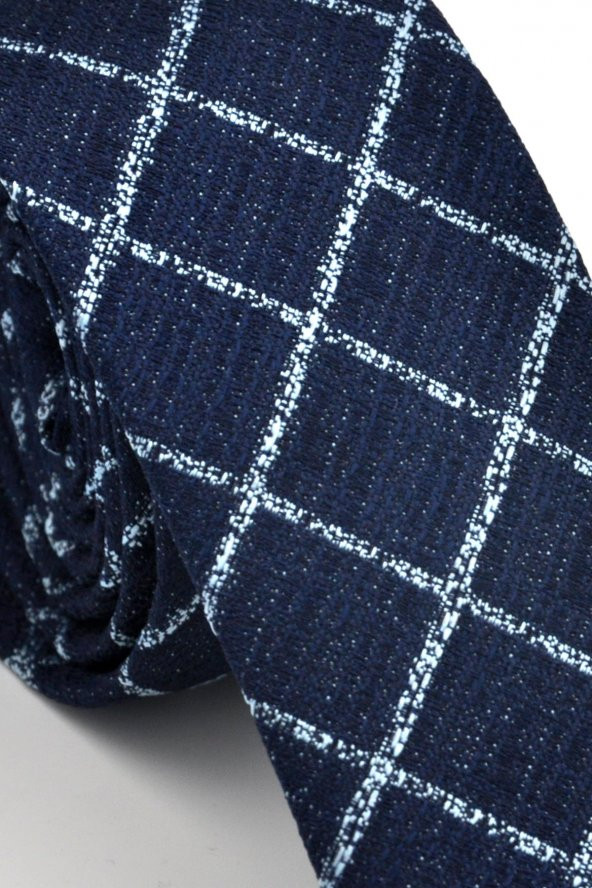 Mavi Kare ve Kırcıllı Desenli Lacivert Dokuma Kumaş Mendilli Slim Fit Kravat // SDK230912 - Resim 3