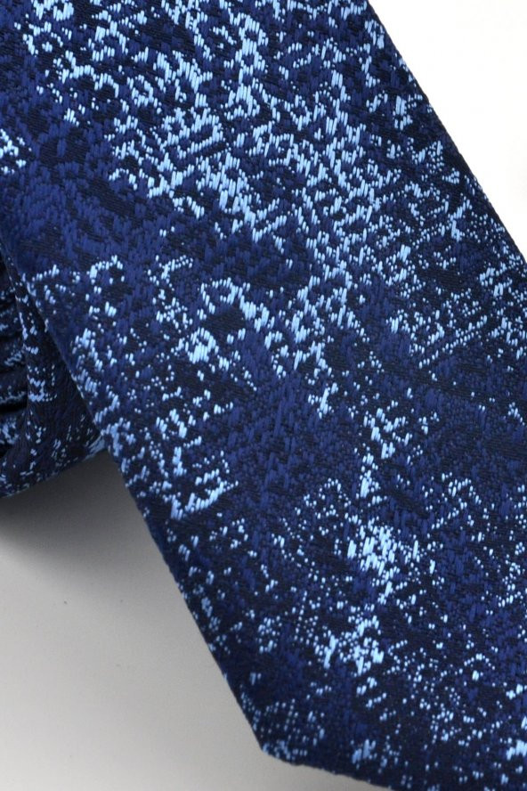Mavi Lacivert Karışık Desenli Dokuma Kumaş Mendilli Slim Fit Kravat // SDK230907 - Resim 3