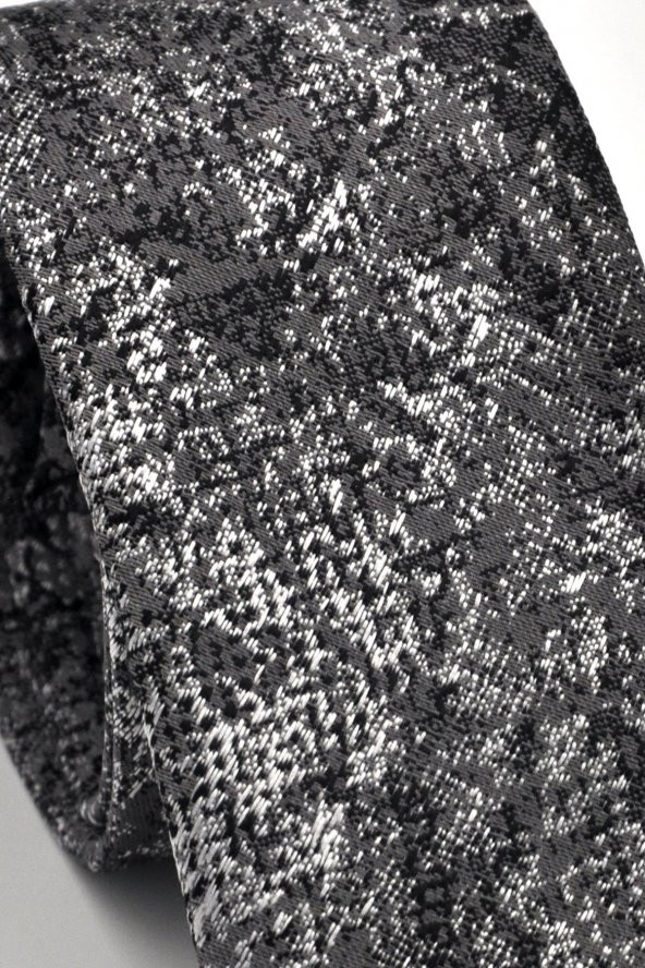 Gri Füme Siyah Karışık Desenli Dokuma Kumaş Mendilli Slim Fit Kravat // SDK230905 - Resim 3