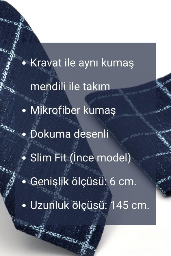 Mavi Lacivert Karışık Desenli Dokuma Kumaş Mendilli Slim Fit Kravat // SDK230907 - Resim 4