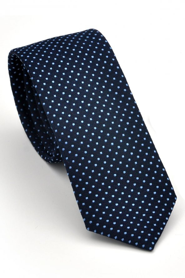 Mavi Noktalı Puantiye Desenli Lacivert Dokuma Kumaş Mendilli Slim Fit Kravat // SDK230915 ürün görseli