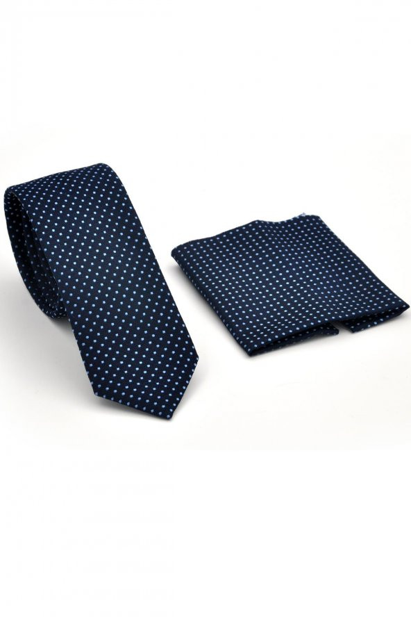 Mavi Noktalı Puantiye Desenli Lacivert Dokuma Kumaş Mendilli Slim Fit Kravat // SDK230915 - Resim 2