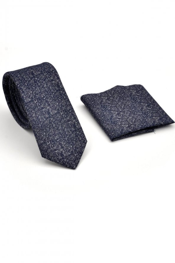 Füme Gri Kırcıl Desenli Lacivert Dokuma Kumaş Mendilli Slim Fit Kravat // SDK230917 - Resim 2