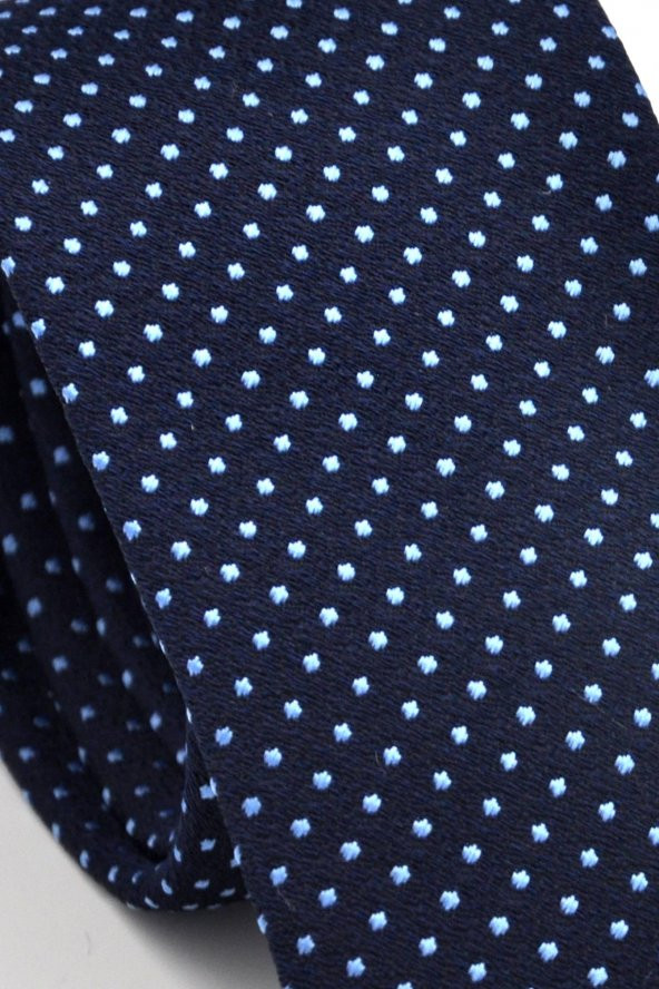 Mavi Noktalı Puantiye Desenli Lacivert Dokuma Kumaş Mendilli Slim Fit Kravat // SDK230915 - Resim 3