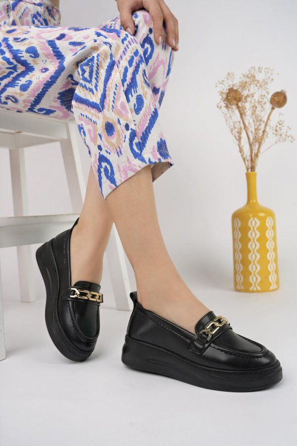 Muggo LYDİA Garantili Kadın Loafer Oval Burunlu Kalın Taban Tokalı Günlük Makosen Ayakkabı