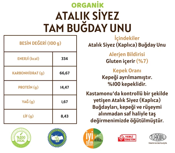Taş Değirmenden Organik Organik Atalık Siyez Tam Buğday Unu - 5 Kilo - Resim 2