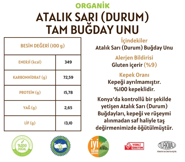Taş Değirmenden Organik Organik Atalık Sarı Durum Tam Buğday Unu - 5 Kilo - Resim 2