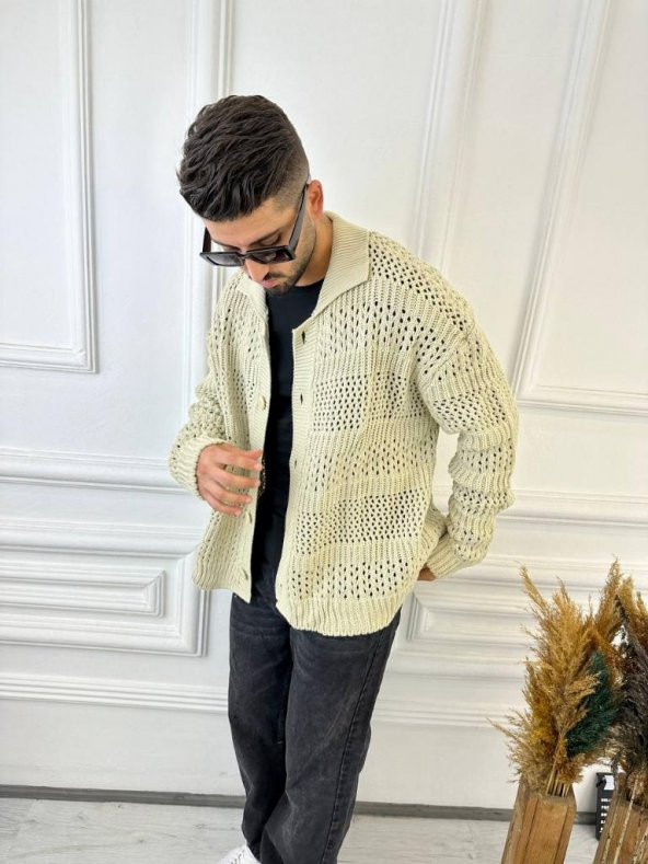 Hırka Oversize Özel Örgülü Triko Desenli Salaş Örgü Hırka - 10