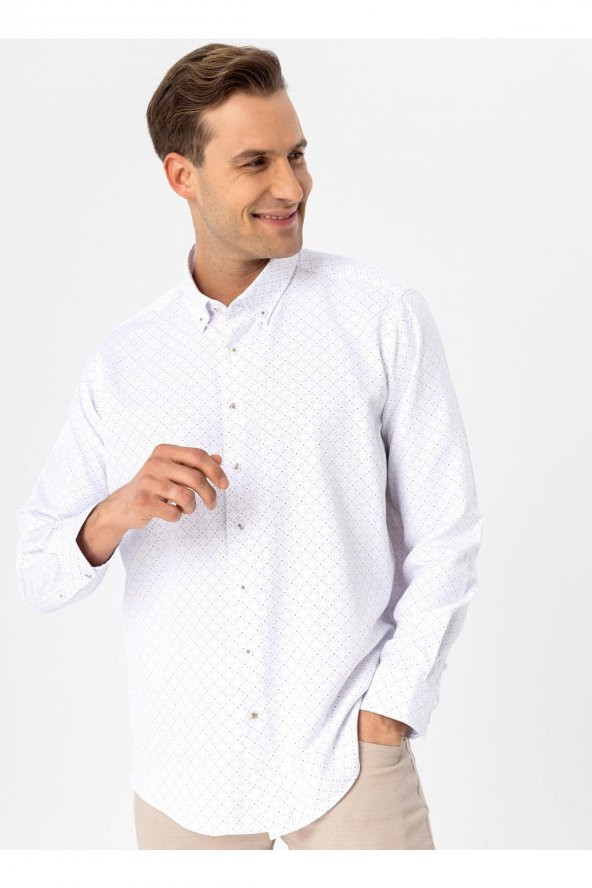 Regular Fit Düğmeli Yaka Baskılı Açık Kahve Erkek Gömlek Gm2006400319 - 2