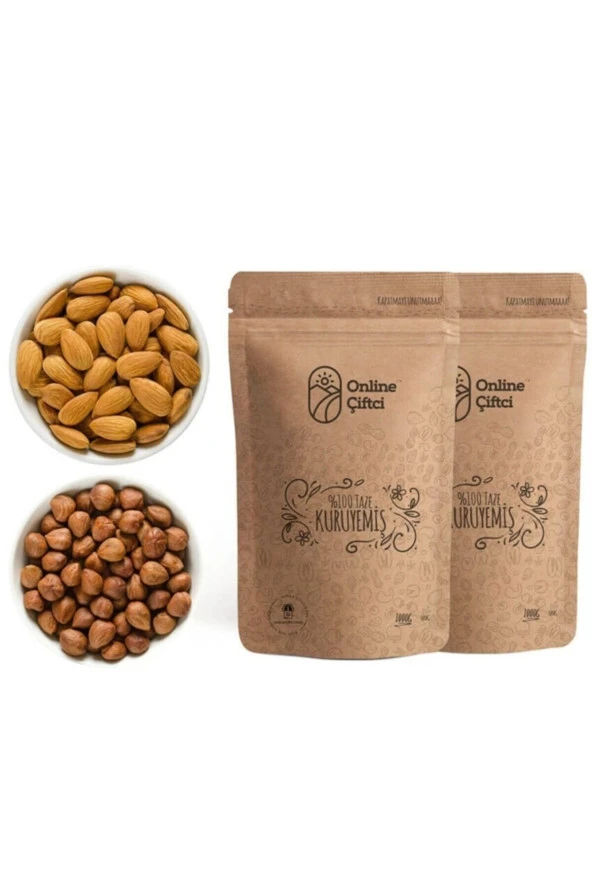 OnlineÇiftçi Çiğ Girsun Fındık 1KG + Çiğ Yerli Badem 1KG