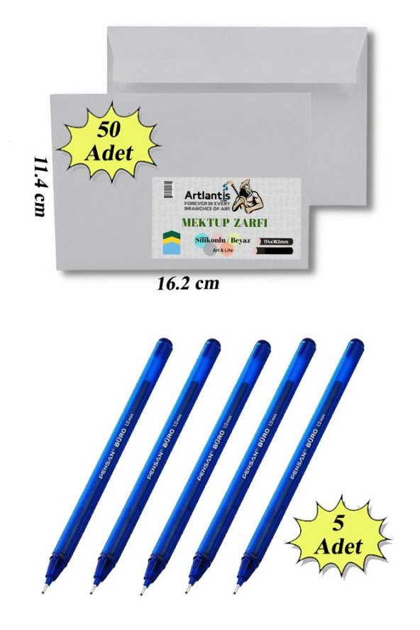 Düğün Para Takı Zarfı Ağzı Yapışkanlı 50 Adet Ve 5 Adet Tükenmez Kalem Artlantis Takı Zarfı Beyaz Yapışkanlı - 4