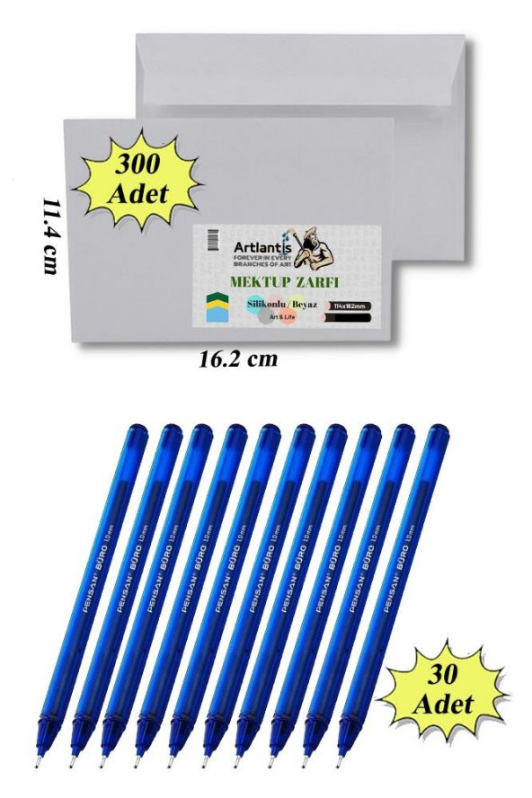 Düğün Para Takı Zarfı Ağzı Yapışkanlı 300 Adet Ve 30 Adet Tükenmez Kalem Artlantis Takı Zarfı Beyaz Yapışkanlı