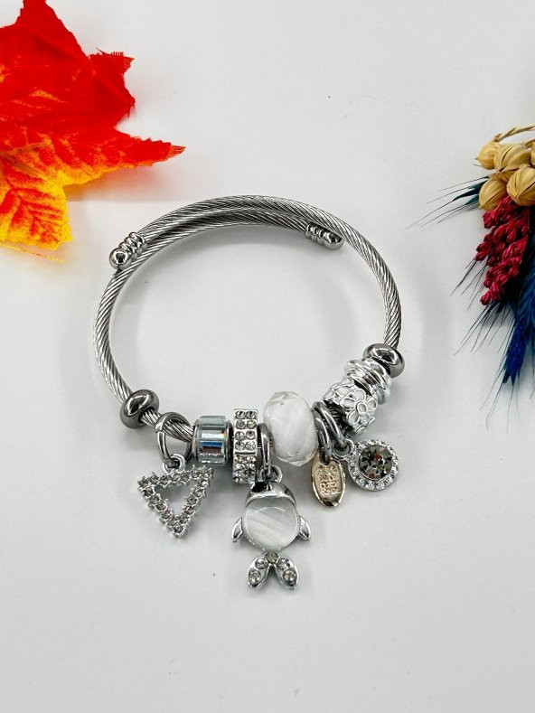 Kadın Charm Anahtarlı Çelik Bileklik Beyaz - 2