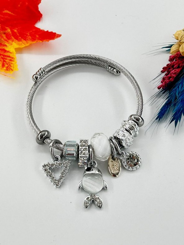 Kadın Charm Anahtarlı Çelik Bileklik Beyaz - 6